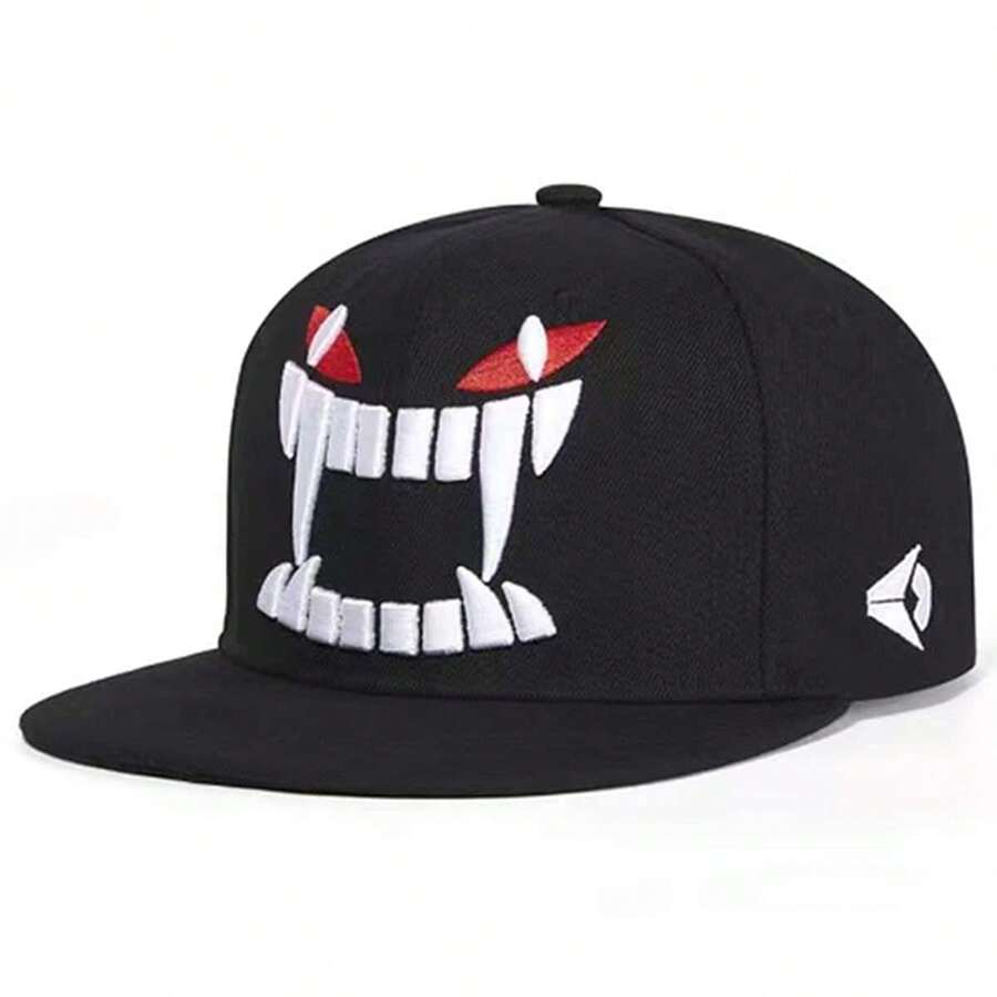 1 件装男士 WUKE Snapback 帽子，字母和尖牙刺绣棒球帽，街头嘻哈风格休闲帽，适合春季、秋季、旅行、海滩 - 黑色 - 查看 1