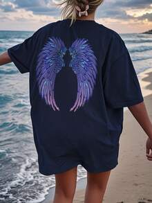 1 pezzo Maglietta casual a maniche corte con grafica a ali colorate, adatta per ragazze adolescenti, stile estivo per studenti e giovani - maglietta dal stile artistico che ispira immaginazione e auto-espressione - Blu Navy - Visualizzare 6