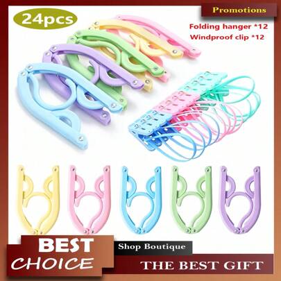 24pcs Travel Hangers, Foldable Clothes Hangers With Beach Windproof Clips, Coat Hangers, Hangers For Clothes, Wardrobe Organiser Multifunctional Dryin