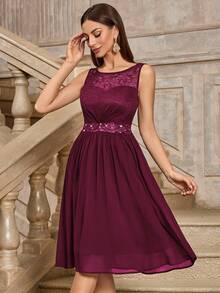 MIUSOL Floral Lace Sleeveless Pleated Sequin Belt Prom Party Swing Dress - Maroon - View 6