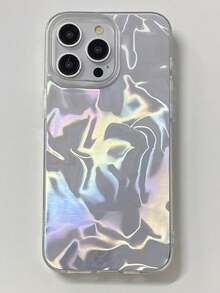 1pc Water Wave Textured Silver Color Solid Simple Fashionable Unique Pastel Color Pattern, Wave IMD Shockproof Full Cover Gradient Silver Iridescent Shiny Artistic Design Phone Case Compatible With Apple/OPPO/VIVO/Honor/Redmi/Transsion Phones - Silver - View 7