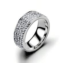 1pc Fashionable European & American 8mm 5-Row Zirconia Titanium Steel Ring, Precision Designed Micro Pave Rhinestone Couple Ring, Popular Jewelry Accessory, Bestselling Cross-Border, Stainless Steel Rhinestone Shimmering Band - Silver - View 2