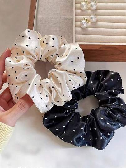 2 chiếc dây buộc tóc bằng satin cao cấp kiểu Pháp, màu đen trắng chấm bi, thích hợp để buộc búi tóc, phụ kiện tóc đa năng, dây buộc tóc, dây chun buộc tóc, phụ kiện buộc tóc đuôi ngựa, dây thun co giãn.