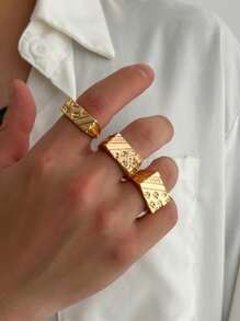 Conjunto de 3 anéis quadrados assimétricos geométricos dourados esculpidos para homens, conjunto de anéis minimalistas punk fashion