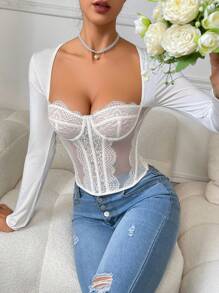 1pc Elegant Casual Solid Color Contrast Lace Cropped Top With Eyelash Trim, Slim Fit Stylish Blouse For Daily Wear