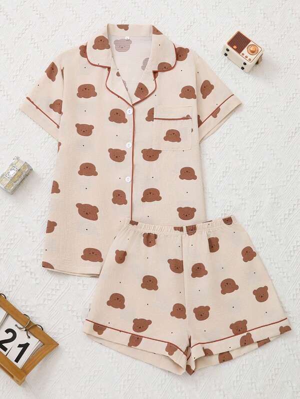 2 pezzi set pigiama donna, con stampa di orsi su tutto il capo, cardigan corto a maniche corte con tasche e bordi a contrasto, pantaloncini con vita elastica, casual e romantico, adatto sia per casa che per uso esterno, in vacanza