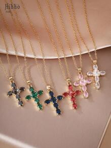 Hihho Colar com pingente de cruz da Virgem Maria em zircônia colorida estilo europeu, 1 peça, adequado para uso diário feminino, festas, reuniões, melhor presente para amigos, joias elegantes e versáteis, acessório de design exclusivo para presente
