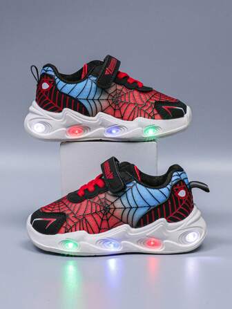 1 Pair Fashionable Spider LED Light-Up Breathable Mesh Sneakers, Suitable For Boys And Girls - Casual, Shock Absorbing, All-Season Anti-Slip Outdoor Running And Walking Shoes