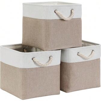 Caja de almacenamiento de 30 x 30 x 30 cm, cesta de almacenamiento con asa, cesta de almacenamiento de tela para estante, armario y ropa (plegable, beige claro y blanco, set de 3)