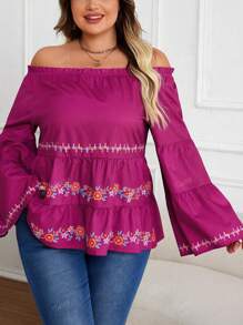 Plus Size Women Elegant Vacation Purple Bell Sleeve Graphic Print Round Neck/Off Shoulder Top Summer