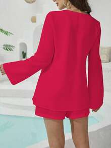 3pcs Set: Bow Tie Textured Top + Shorts + Camisole, Casual Set - Hot Pink - View 2