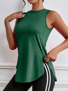 1 pieza Parte superior suelta y cómoda de unicolor sin mangas con abertura lateral para mujer, para entrenamiento y fitness, primavera/verano - Verde Oscuro - Ver 6