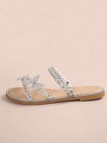Colorful Rhinestone Bow Dual-Wear Women's Slide Sandals, Suitable For Wearing Outwardly, Fashion French Style Silver, Fit For Dating, Shopping, Party, Work Commute In Summer And Autumn,Beach Shoes - Apricot - View 5