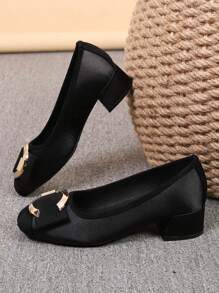 Square Toe Thick Heel Ladies Shoes, Versatile Button & Bow Decor Loafers, Fashionable Slip-On Shoes, Black High Heels, Women High Heel Pumps, Run 1 Size Larger