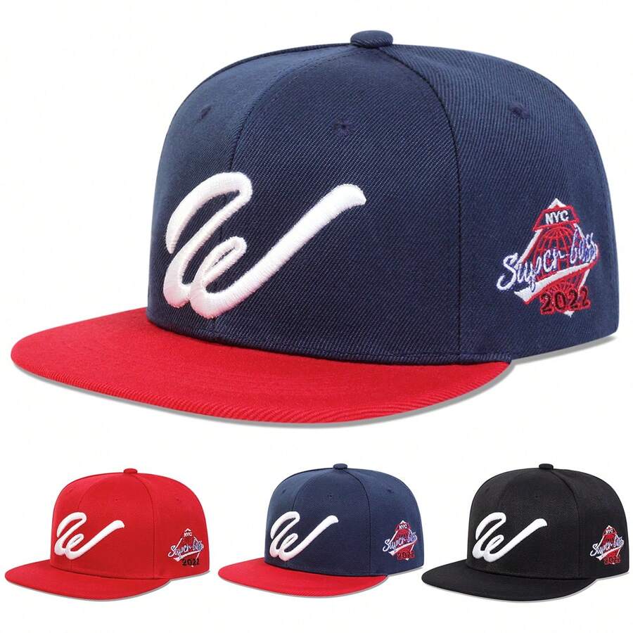 1顶男士W扣棒球帽，字母刺绣，街头时尚棒球帽，个性嘻哈帽，可调节户外防晒休闲帽，适合春季、秋季、旅行、海滩 - 彩色 - 查看 1