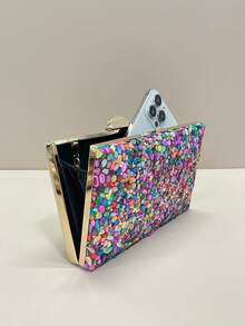 Mini bolsa clutch com pedras multicoloridas e corrente dourada, bolsa leve, perfeita para festas, casamentos, formaturas, banquetes/galas, o melhor presente para mulheres, mães, professoras, amigas e madrinhas - Multicolorido - Ver 4