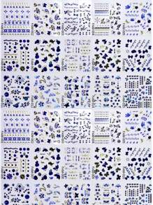 30 pezzi Adesivi per unghie blu metallizzati, nastro adesivo per unghie, adesivi per unghie floreali, d'erba e farfalle, accessori per unghie per uso quotidiano, banchetti e tempo libero