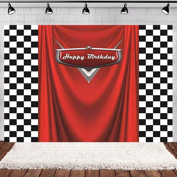 1pc Black White Grid Red Car Birthday Theme Decoration Backdrop, Racing Car Red Photo Photography Background, Happy Birthday Party Banner Photo Booth Props