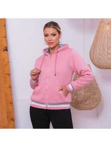 Women's Sweatshirt Simple Casual Party Pocket Zipper Drawstring - Watermelon Pink - View 2
