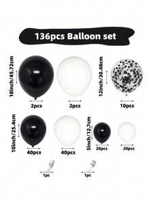 136 pièces de ballons noirs et blancs avec confettis multicolores - parfait pour un anniversaire, une fête vintage, un mariage, des fiançailles, une remise de diplôme, une retraite, le Nouvel An et la décoration de bal - Noir et Blanc - Voir 4