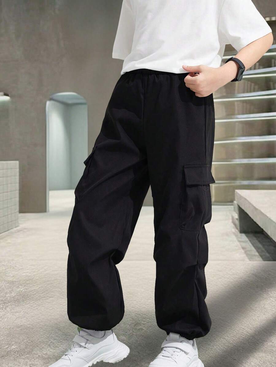 1 pieza Pantalones cargo holgados para niños preadolescentes con bolsillo con solapa y cordón lateral, adecuados para primavera, verano, otoño e invierno - Negro - Ver 1