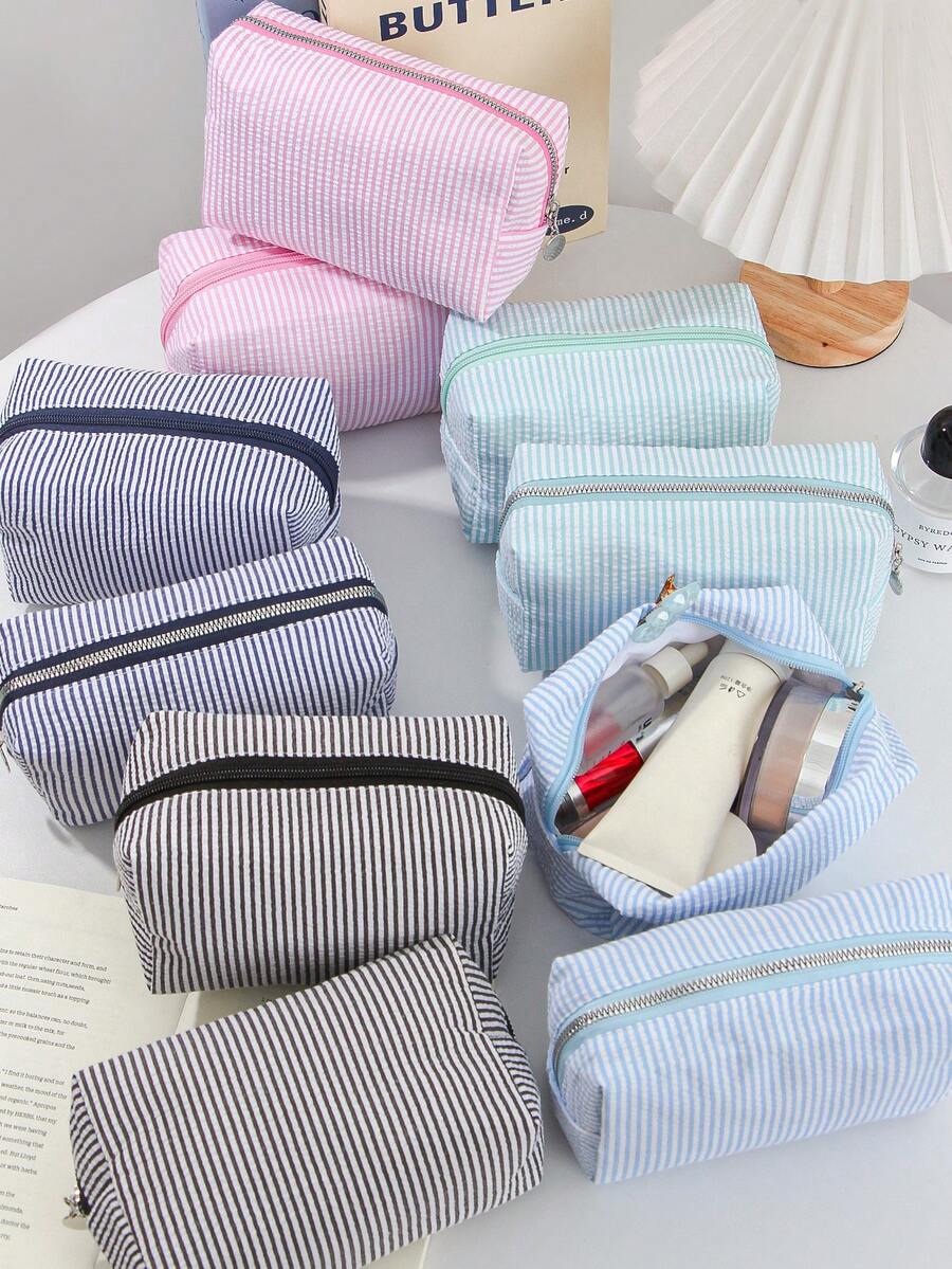 1 Pc Seersucker Hand Holding Large-Capacity Toiletry Bag, Print Stripe Makeup Pouch Travel Cosmetics Storage Bag, Candy Color Makeup Bag Woman's Cosmetic Pouch Suitable For Birthday Gifts, Travel Essential Delicate Fashion Makeup Bags Zipper Bag European And American Style Cosmetic Pouch For Woman,Girl,Ladies Lightweight Skincare Storage Bag For Travel - Multicolor - View 1