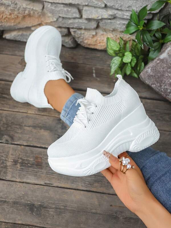 Bestselling Solid Color Casual Sports Lace-Up Platform Thick Sole Sneakers, Suitable For Casual, Sports, Festivals, Weddings, Indoor/Outdoor, All Seasons