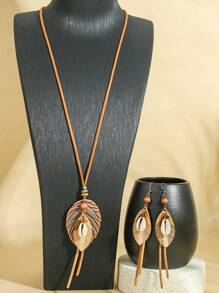 TopHanqi Set de 3 piezas de joyería vintage bohemia para mujer: collar colgante largo con diseño de hoja y concha en capas, pendientes, collar envuelto en PU apto para uso diario, fiestas, ir y venir, versátil