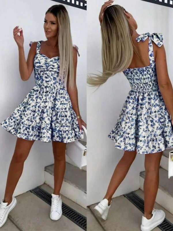 Rochie mini cu imprimeu floral și fundă, nouă sosire pentru femei