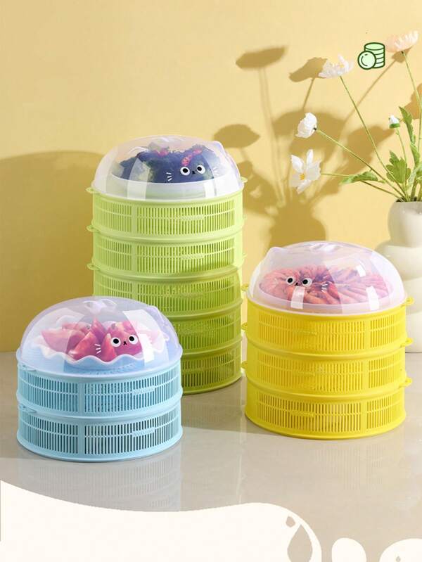 1pc New Hollow Out Food Cover, Multi-Layer Vegetable Washing Basket, Dustproof & Anti-Fly Leftover Food Storage Cover, Cartoon Cat Perforated Food Dome With Lid, For Table, Summer