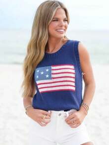 Women's 4th Of July Knit Vest Sleeveless Round Neck Flag Print Casual Party Tank Tops - 藍色 - 查看 1