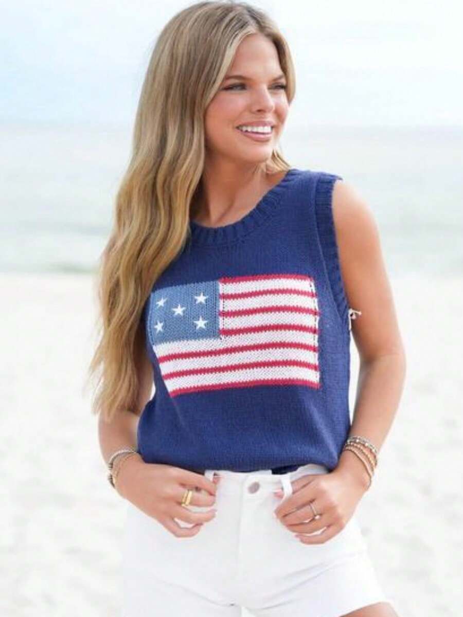 Women's 4th Of July Knit Vest Sleeveless Round Neck Flag Print Casual Party Tank Tops - 藍色 - 查看 1