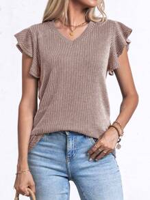 Women's Summer Short Sleeve Ruffle Ribbed Tops Casual V Neck T-Shirt
