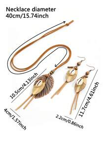 TopHanqi Set de 3 piezas de joyería vintage bohemia para mujer: collar colgante largo con diseño de hoja y concha en capas, pendientes, collar envuelto en PU apto para uso diario, fiestas, ir y venir, versátil