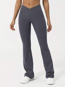 Sodalemon 女士V型提拉瑜伽健身喇叭裤，交叉腰带设计，运动跑步压缩阔腿紧身裤 - 灰色 - 查看 4