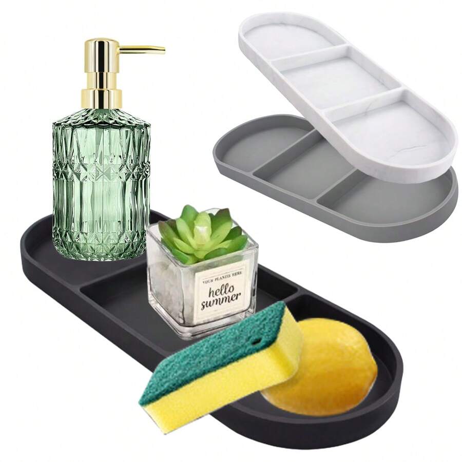 Multifunctional Silicone Divided Storage Tray, Bathroom Kitchen Organizer Tray, Living Room Vanity Keys Cosmetics Storage Tray - Black - View 1