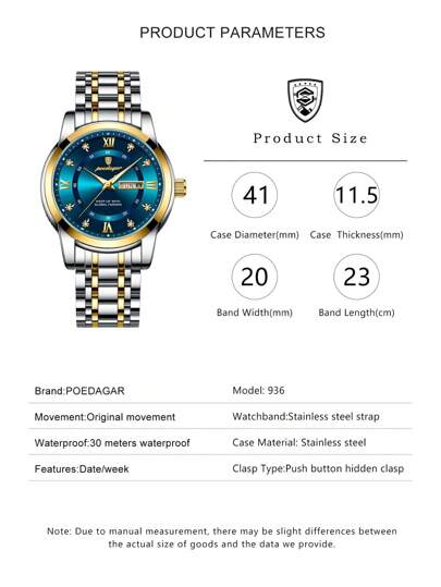 POEDAGAR 1pc Business Men Quartz Dual Date Stainless Steel Wrist Watches, Waterproof Luminous Man Wristwatch, Luxe Horloge Work Occasions, view 10