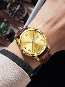 1pc Men Watches, A Stylish Casual Sports Quartz Watch With A Pu Leather Strap. It Is Suitable For Wearing On Occasions Such As Work, Travel, And Business Activities. It Is A Daily Ornament, A Men's Present, A Festival Gift, An Eid Al-Adha Gift For Family And Friends, And A Father's Day Gift.
