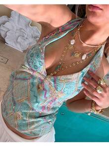 Women Fashion Halter Tops Summer Beaded Floral Pattern Backless Shirts Vest For Streetwear Aesthetic Grunge Clothes - 藍色 - 查看 3