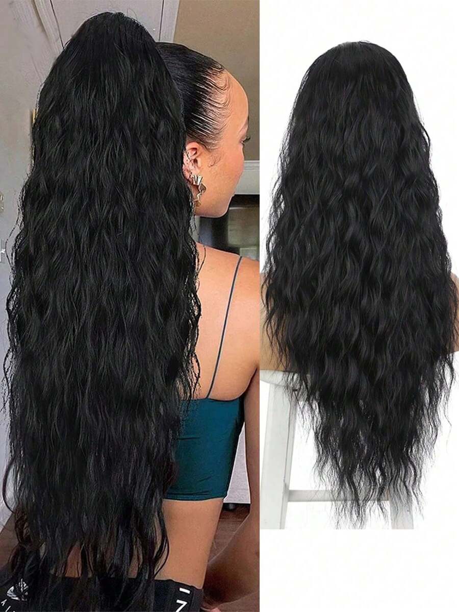 24 Inch Long Curly Drawstring Ponytail For Women Synthetic Ponytail Black Ponytail Extensions For Everyday Cosplay, Halloween