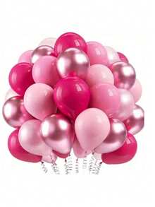 Set de 50 globos de látex en colores rojo vivo, rosa satinado, fucsia metálico y rosa macaron, adecuados para decoración de fiestas de cumpleaños, despedidas de soltero, San Valentín, bodas, Día de la Madre, graduaciones, Halloween, Navidad y otros eventos temáticos tanto en interiores como exteriores.