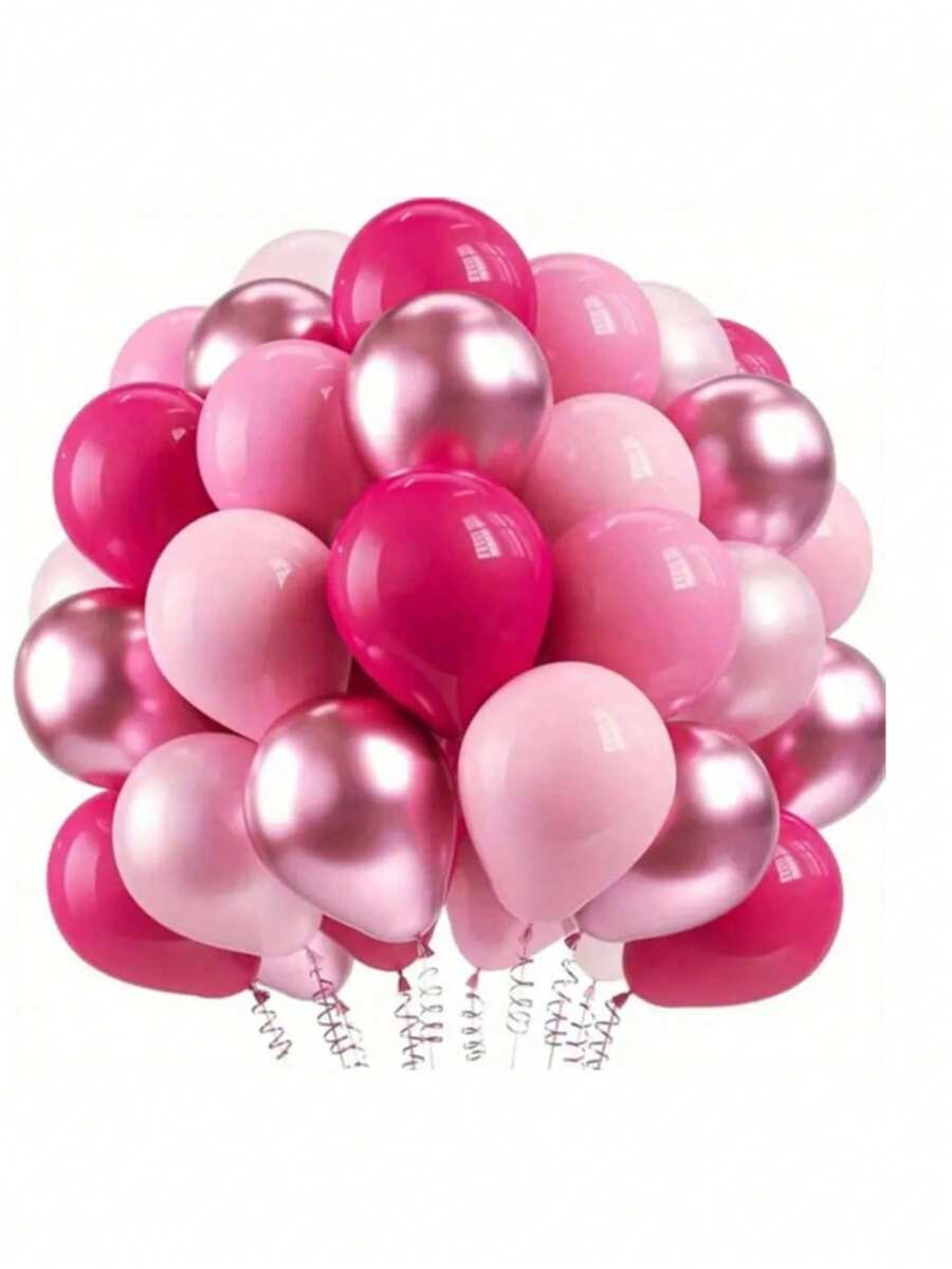 Set de 50 globos de látex en colores rojo vivo, rosa satinado, fucsia metálico y rosa macaron, adecuados para decoración de fiestas de cumpleaños, despedidas de soltero, San Valentín, bodas, Día de la Madre, graduaciones, Halloween, Navidad y otros eventos temáticos tanto en interiores como exteriores.