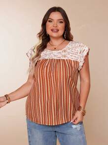 Plus Size Women Elegant Woven Colorblock Round Neck Dolman Sleeve Pleated Front Curved Hem Top, Rust Brown, Summer