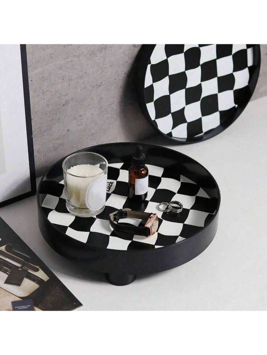 1pc Nordic Checkerboard Cosmetic Organizer Jewelry Tray, Multi-Functional Fragrance And Makeup Storage Box, Suitable For Home And Office Desk Decor - Black and White - View 1