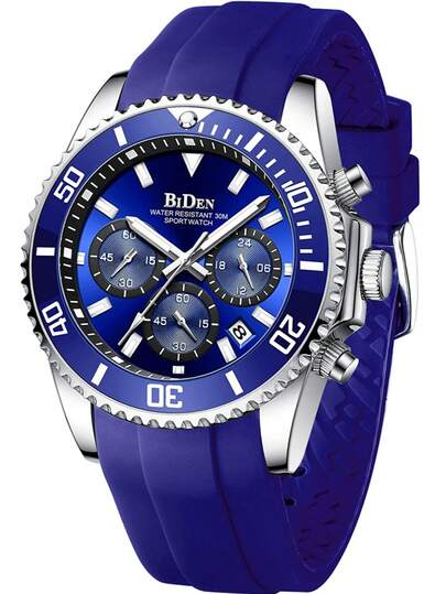  1pc BIDEN Men's Watch With Diving Bezel, Chronograph, Waterproof, Luminous Design, Rubber Strap, Elegant Sports Analog Date