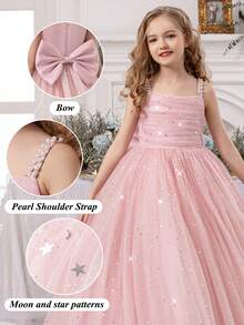 Tween Girls Pearl Strap Tulle Bow Easter Princess Dress, Elegant Party Gown Suitable For Girl Birthday Gift, Banquet, Ball, Wedding Flower Girl, Holiday Celebration - 粉色 - 查看 3