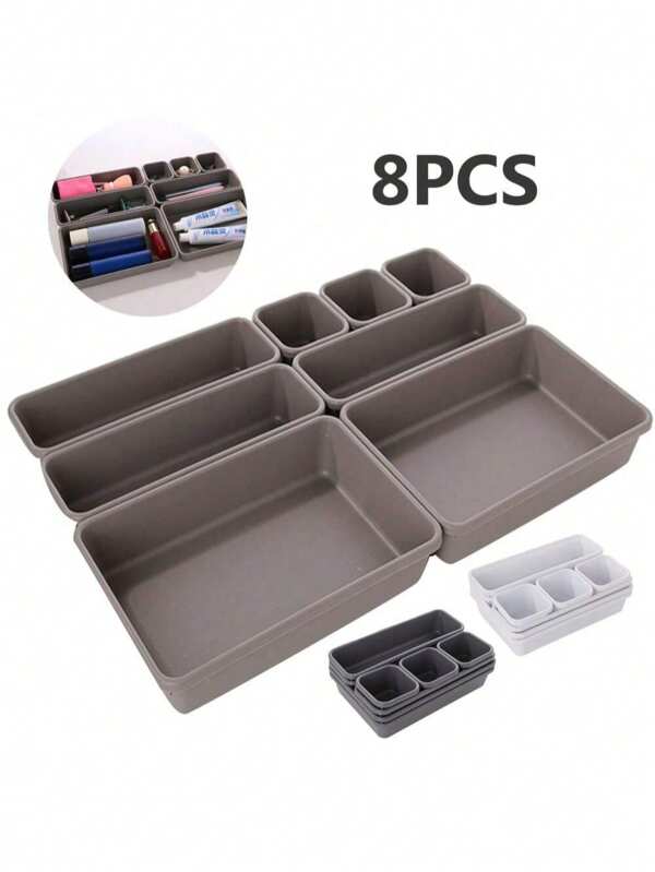 Set de 8 cajas de almacenamiento para cajones, cajas de almacenamiento para cajones entrelazadas, de plástico duradero, diseño de distribución personalizable en varios tamaños, perfectas para cajones de escritorio de oficina, almacenamiento de gabinetes de cubiertos y tenedores, tocadores de baño