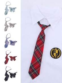 1pc Tie And Bowtie Set, Korean Japanese Style Uniform Accessories, Checkered Bowknot, Suitable For School, Party, Daily Use, Back To School