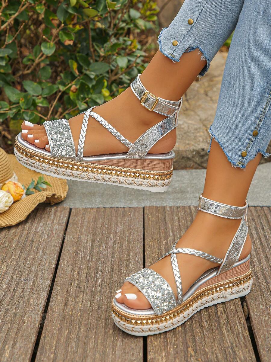 Women's Rhinestone Studded Criss-Cross Woven Ankle Strap Platform Sandals, Shiny Reflective Silver Thick Bottom Wedge Toe Open High Heel Shoes, Summer Vacation Daily Casual Wear