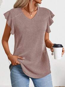 Women's Summer Short Sleeve Ruffle Ribbed Tops Casual V Neck T-Shirt